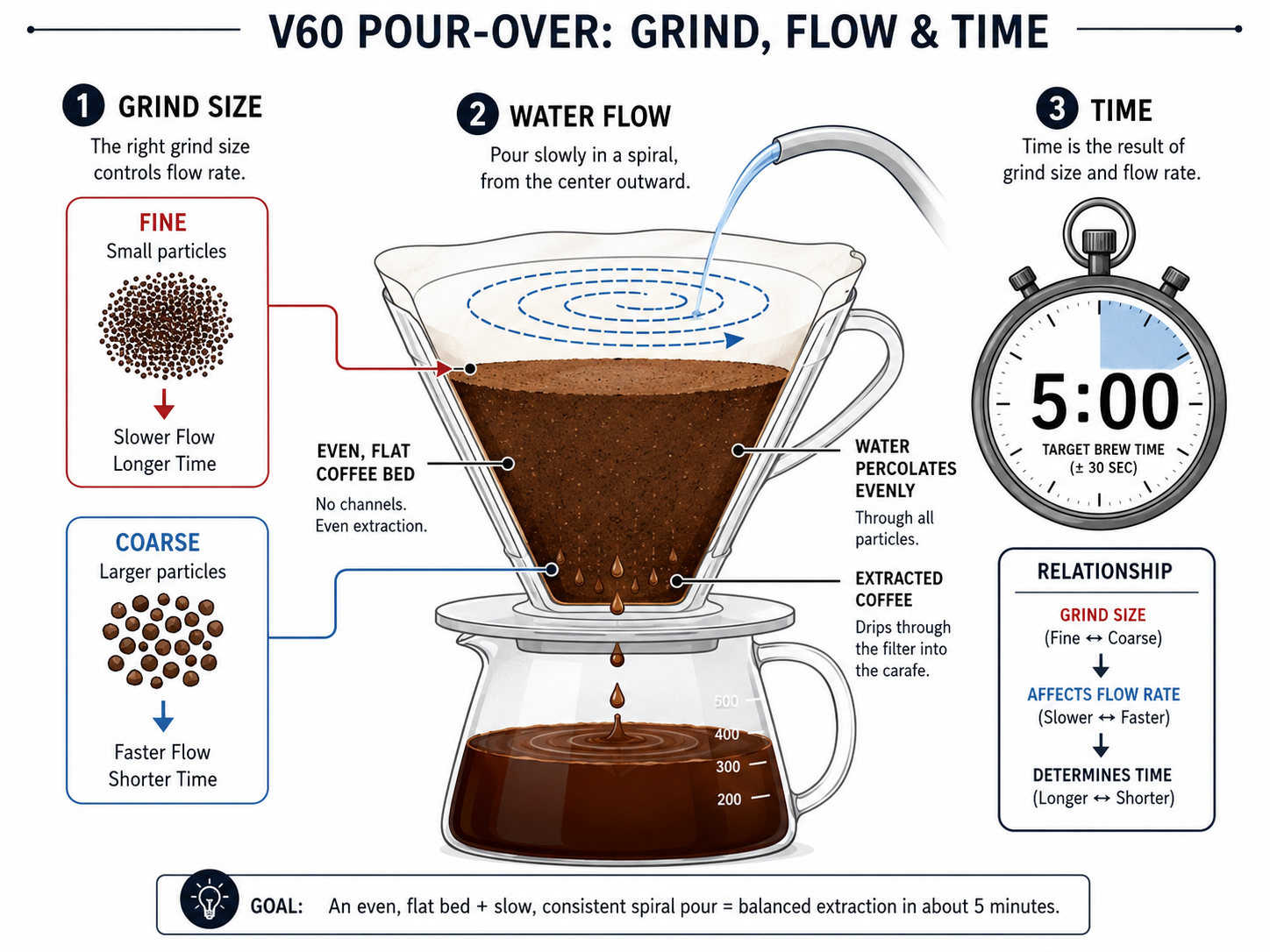 Diagram showing how grind size and pour control brew time for filter coffee extraction.