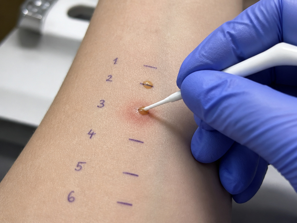 Close-up of a skin prick test for coffee allergy diagnosis on a forearm.