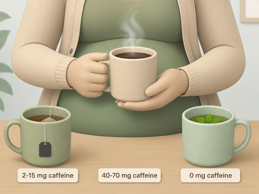 Decaf coffee compared to black tea and herbal tea for pregnancy-safe drinking options.