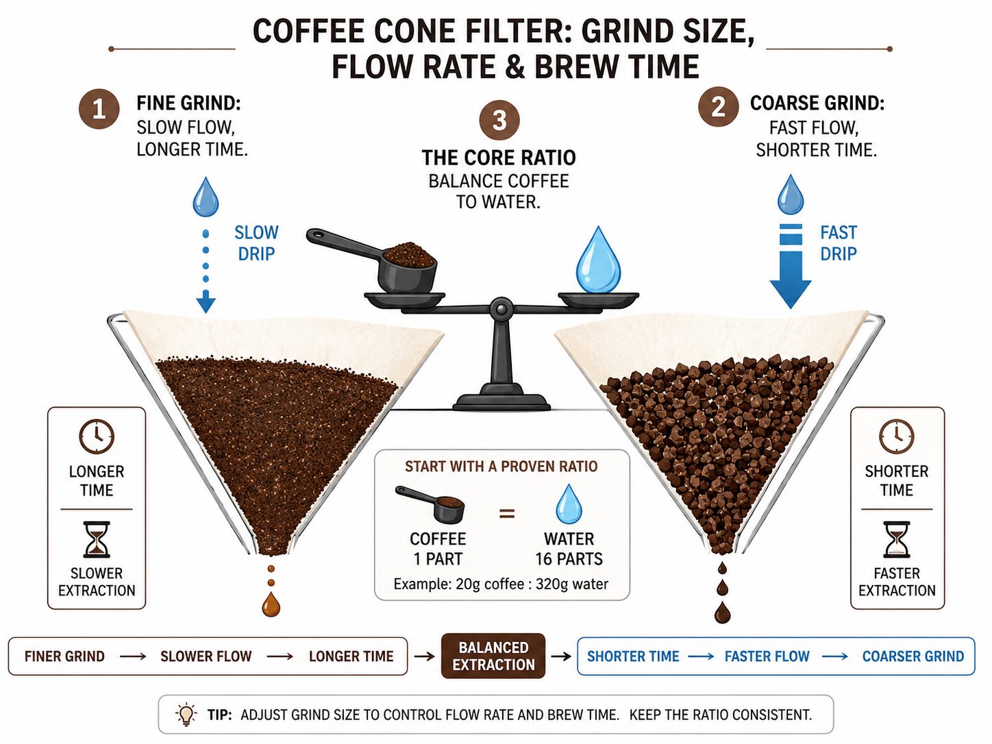 Diagram of how coffee grind size affects water flow and brewing time