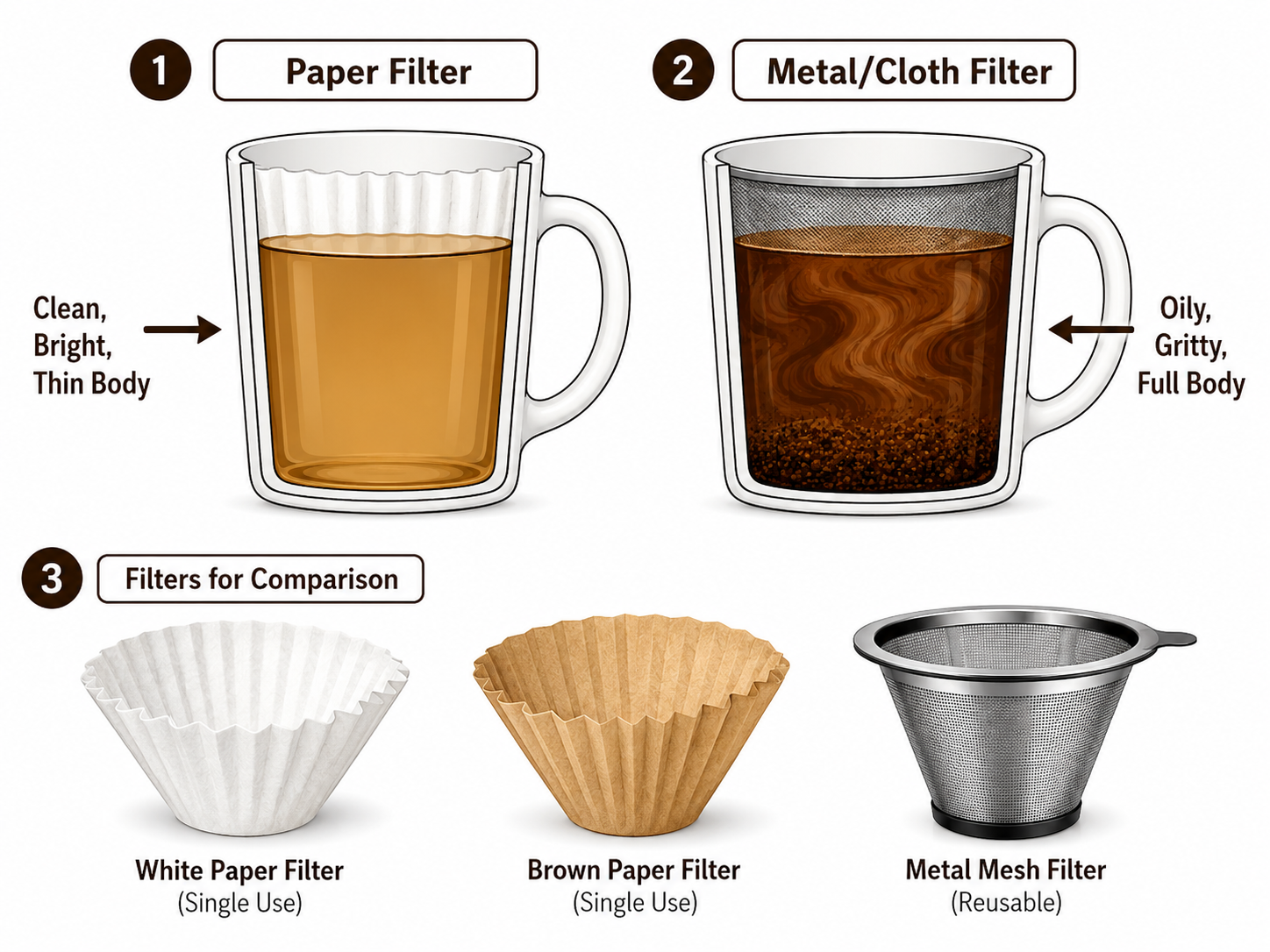 Diagram comparing coffee body from paper versus metal filters