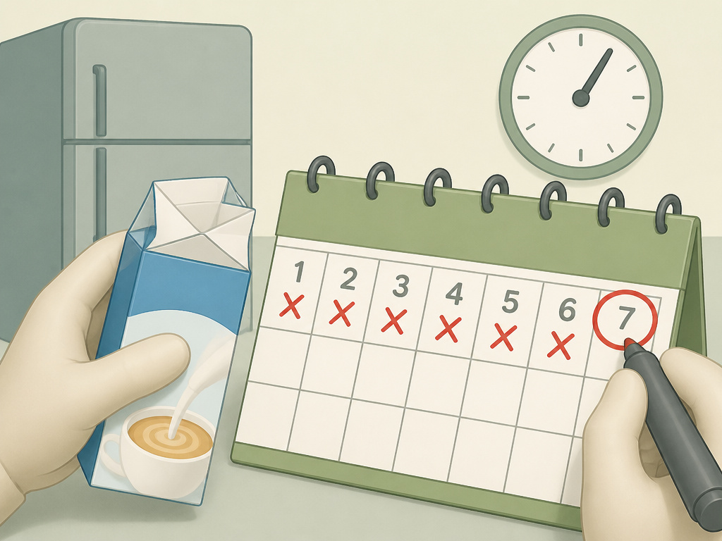 Cartoon calendar showing 7-day rule for opened liquid coffee creamer.