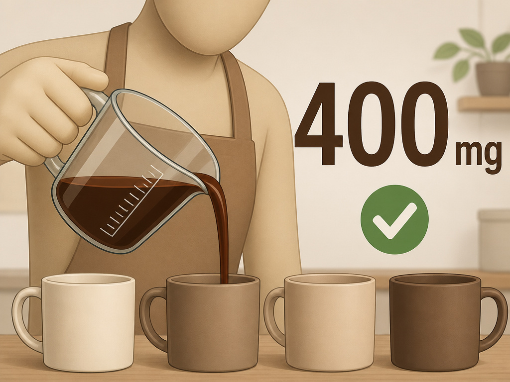 Moderate daily caffeine limit of 400mg shown with four cups of coffee