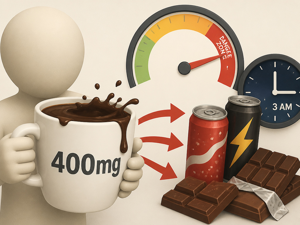 Cartoon diagram showing daily caffeine limit exceeded by coffee and other sources.