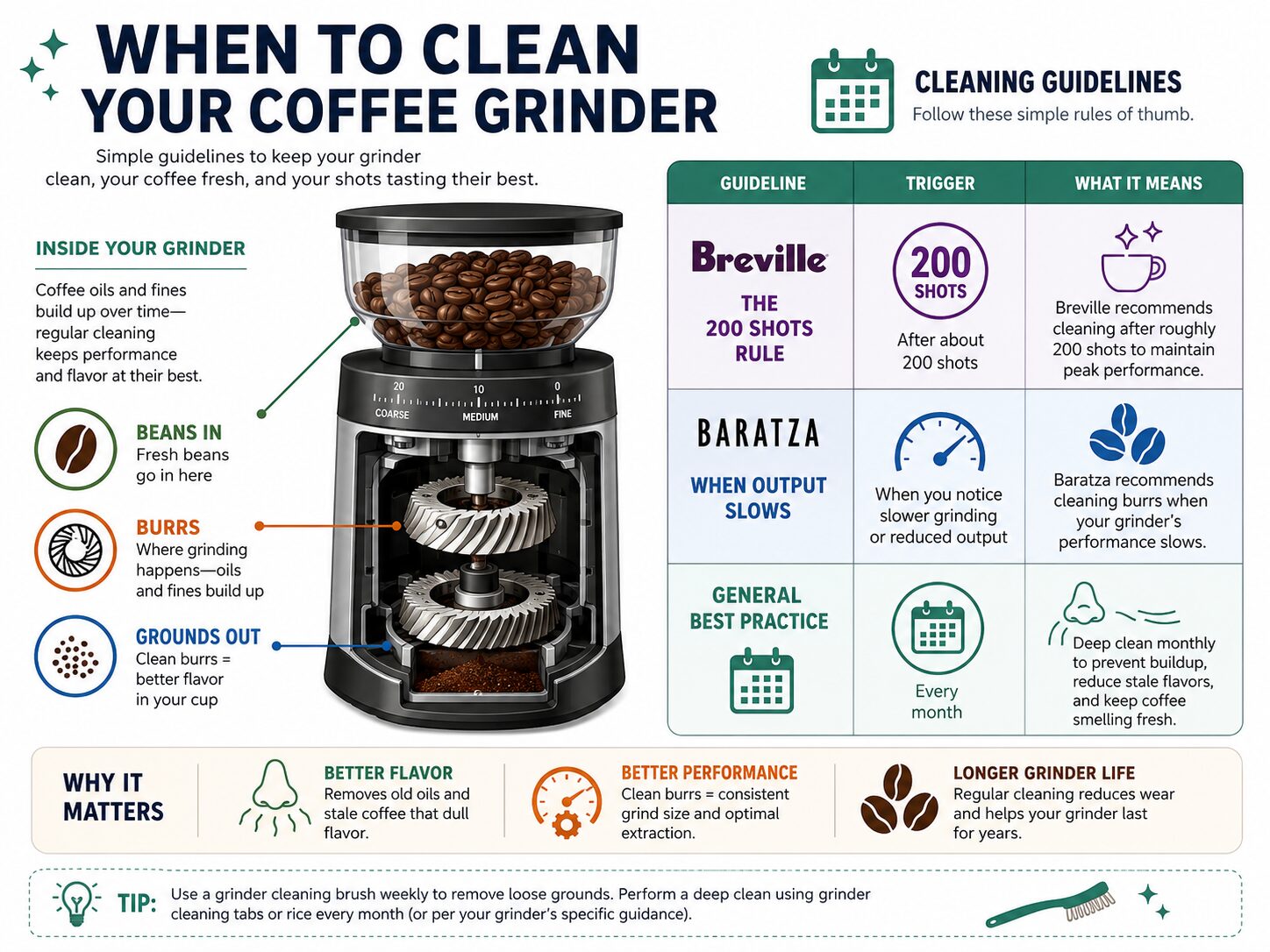 Coffee grinder cleaning frequency infographic comparing manufacturer recommendations.