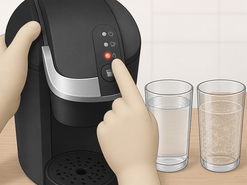 Keurig descale light illuminated with examples of soft versus hard water