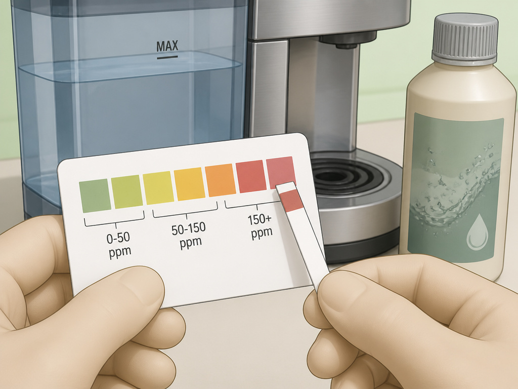 Testing water hardness with a strip next to a Breville coffee maker for descaling schedule.