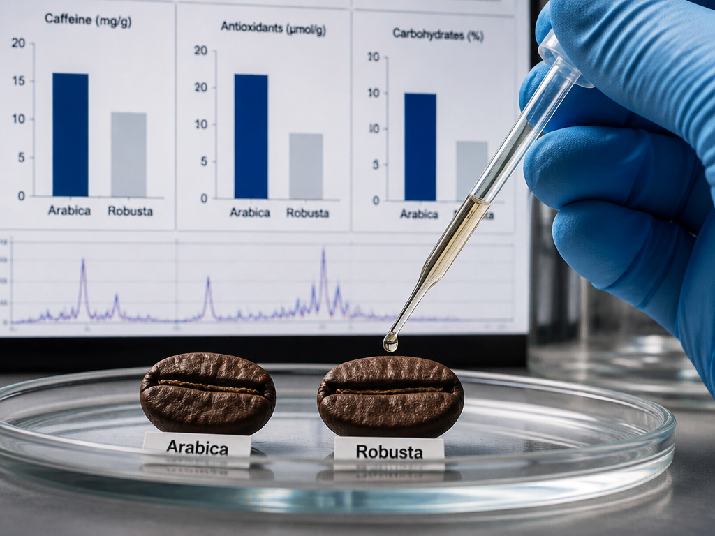 Robusta and Arabica coffee beans undergoing chemical analysis during processing study.