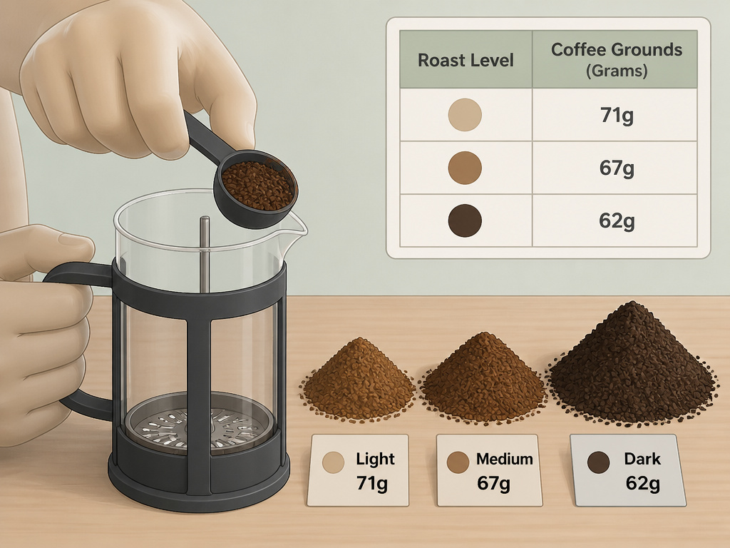 Coffee scoop comparing grounds volume and weight for light, medium, and dark roasts.