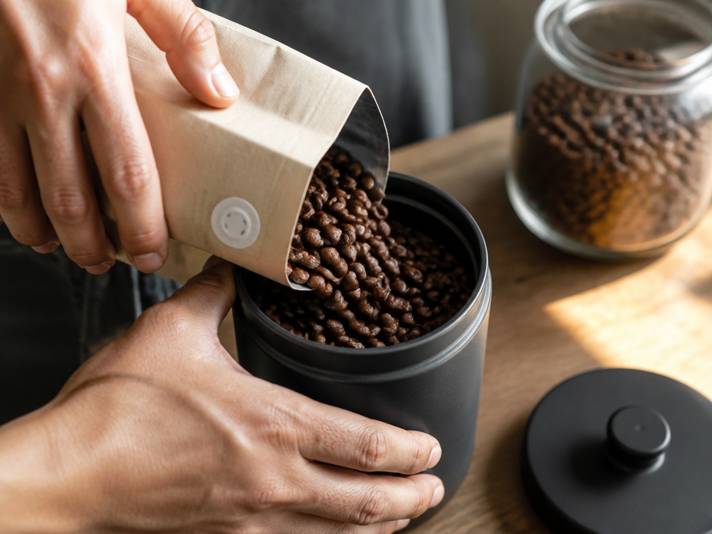 Properly storing coffee beans in an opaque airtight container to prevent staling.