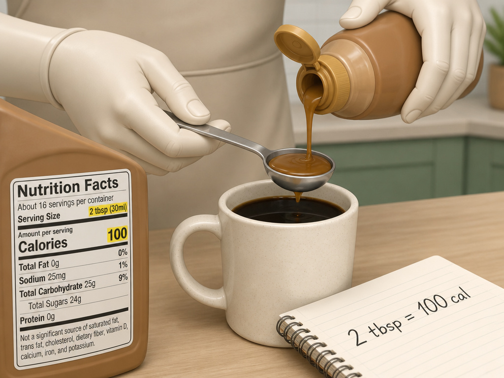 Measuring flavored syrup into coffee to accurately track calories.