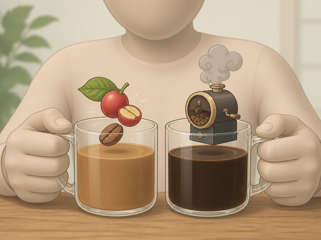 Cartoon comparison of light roast versus dark roast coffee flavor origins