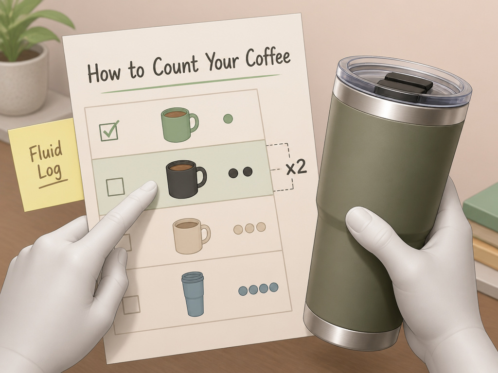 Cartoon checklist comparing a standard coffee mug to a large travel tumbler for hydration tracking.