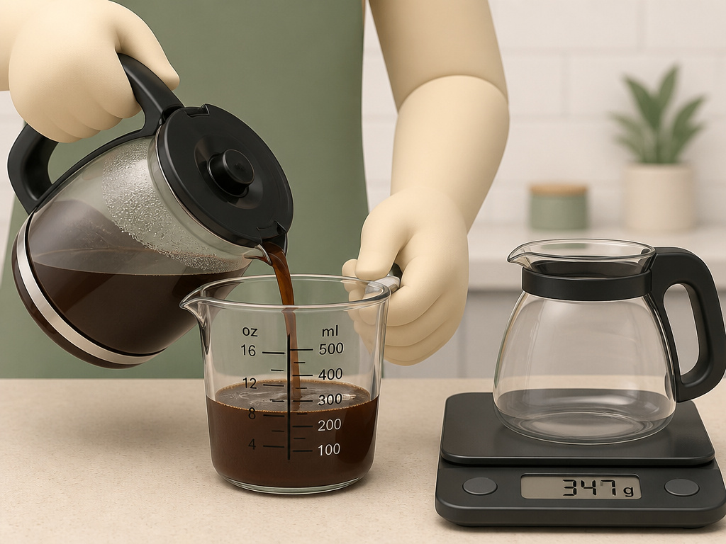 Measuring coffee volume with a measuring cup and a kitchen scale.