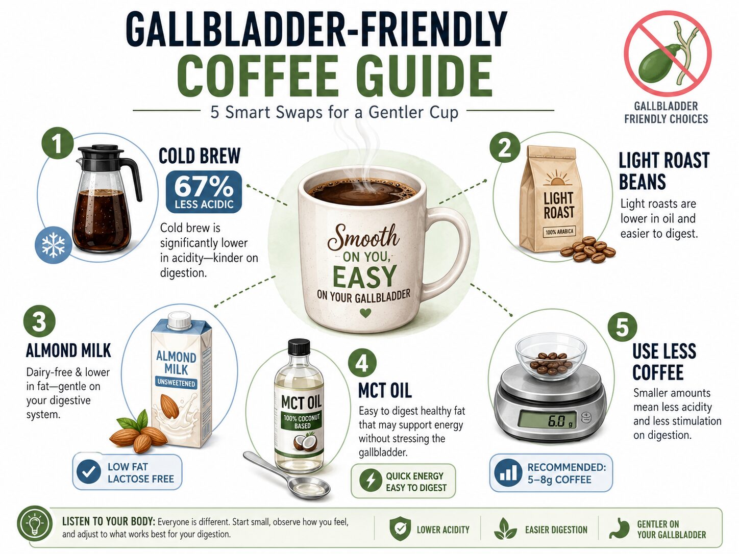 Infographic on adapting coffee with low-acid and low-fat options after gallbladder surgery.