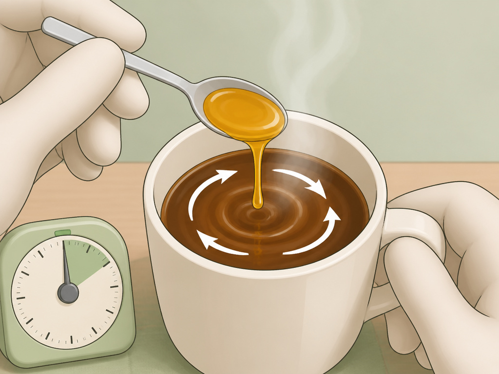 Cartoon illustration showing how to correctly stir honey into a hot coffee cup.