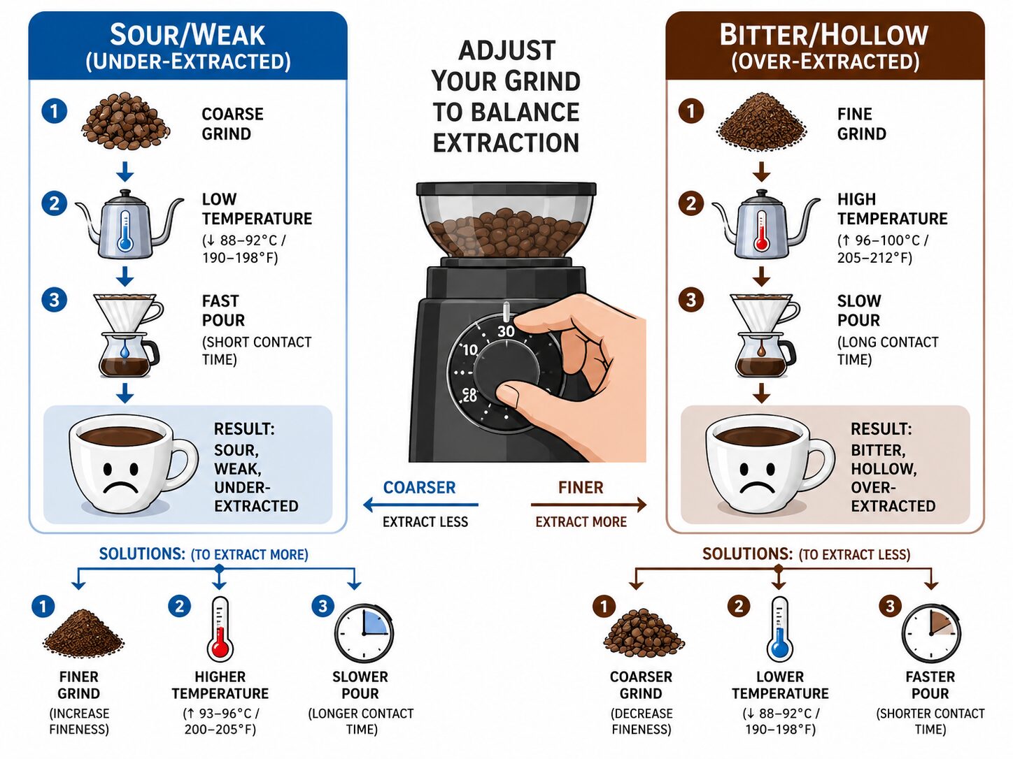 Diagram comparing coffee extraction fixes for sour versus bitter brews.