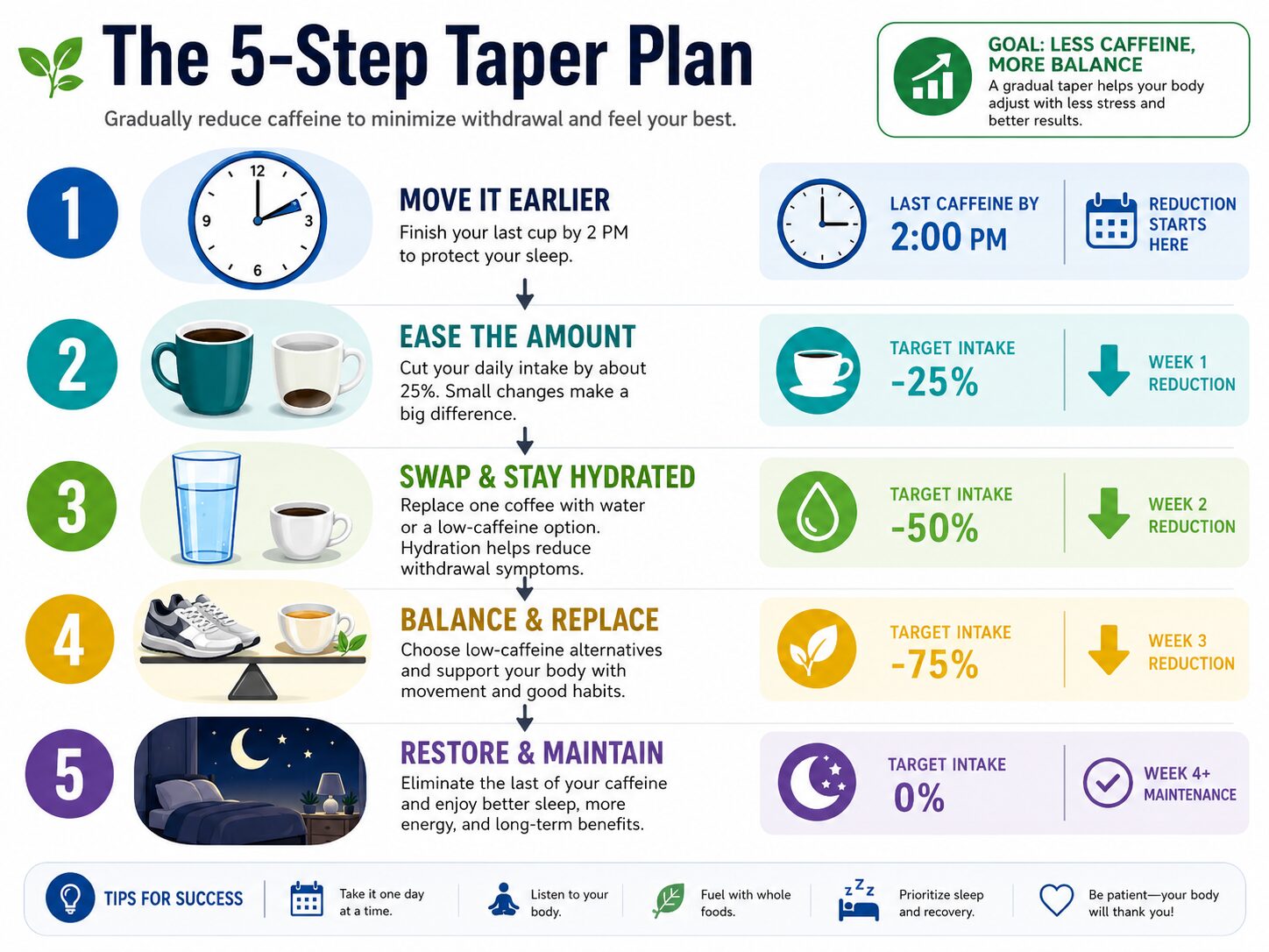 Infographic showing a five-step plan to gradually reduce caffeine consumption.