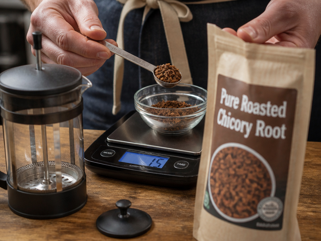 Measuring ground chicory root for brewing caffeine-free chicory coffee.