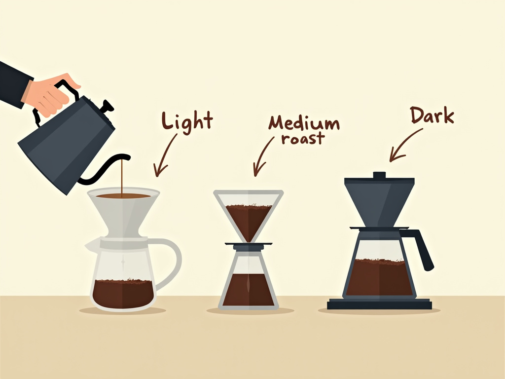 Brewing methods for light, medium, and dark roast coffee compared in diagram.