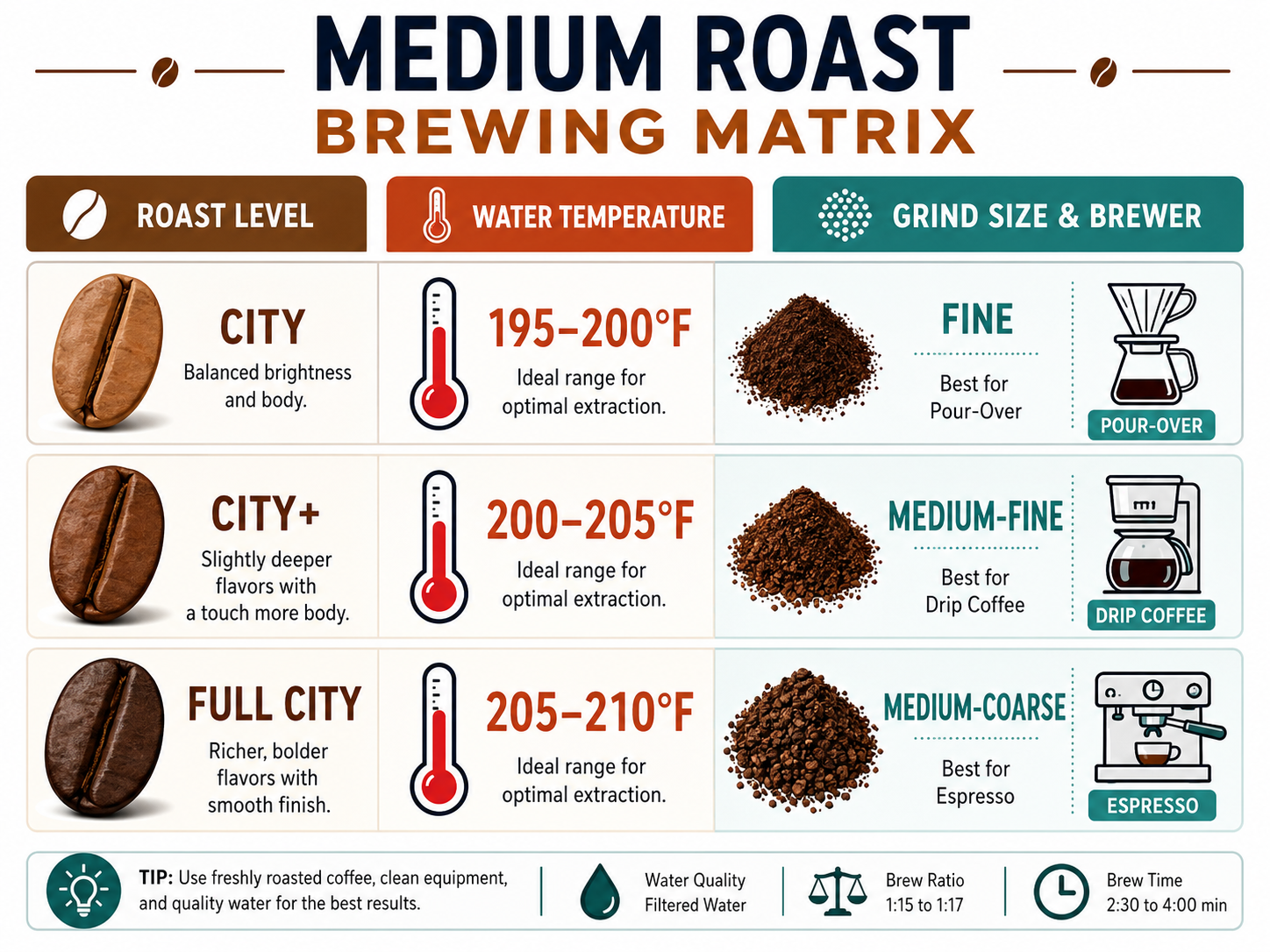 Medium roast coffee brewing guide for temperature and grind size by roast type.