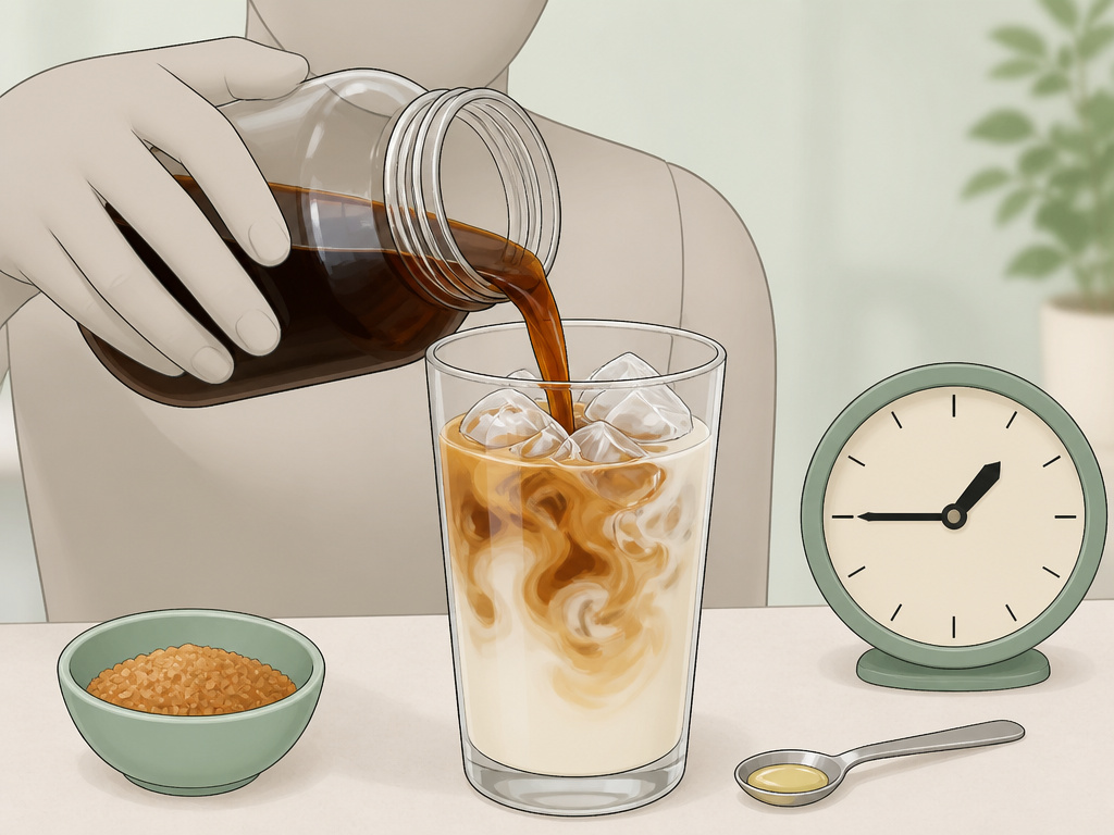 Building a healthy iced coffee with cold brew, almond milk, and natural additives.