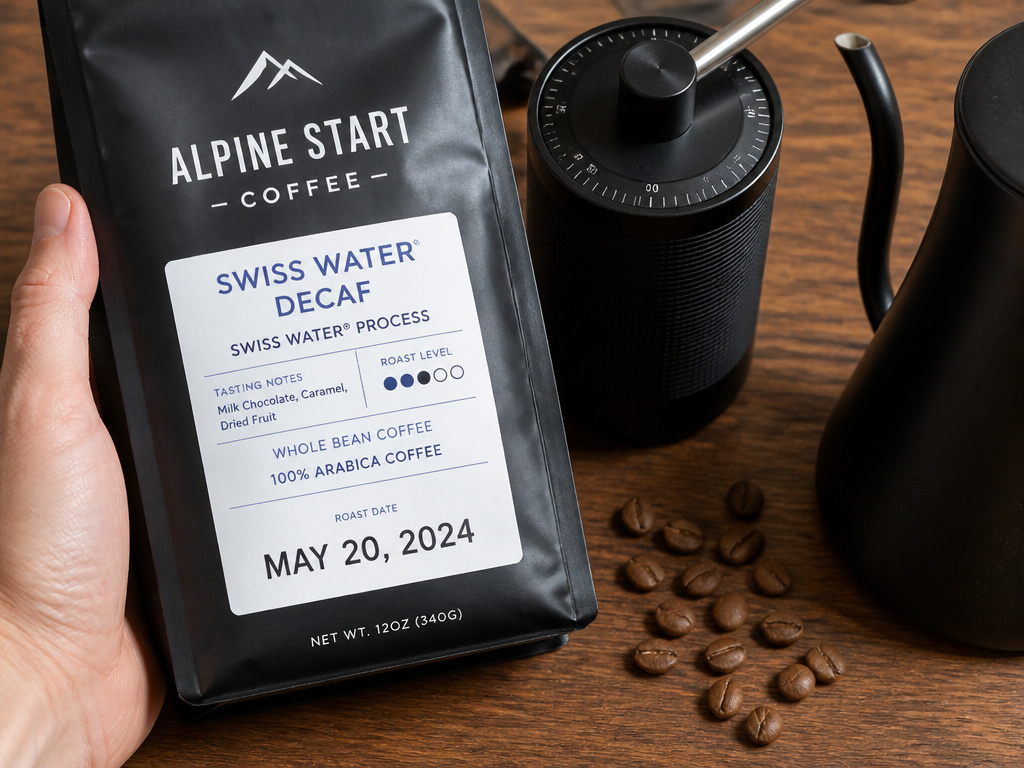 Close-up of a decaf coffee bag label, grinder, and beans for better brewing.