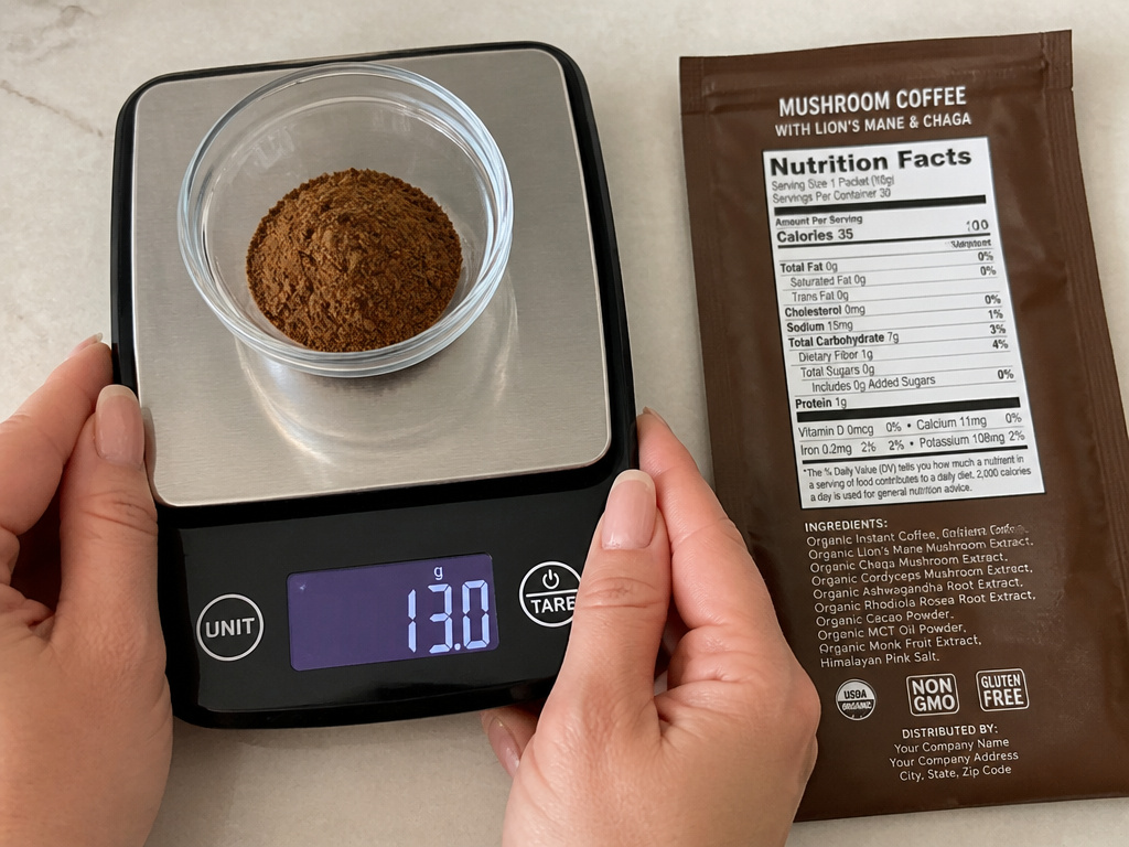 Close-up of weighing mushroom coffee powder on a scale next to its nutrition label.