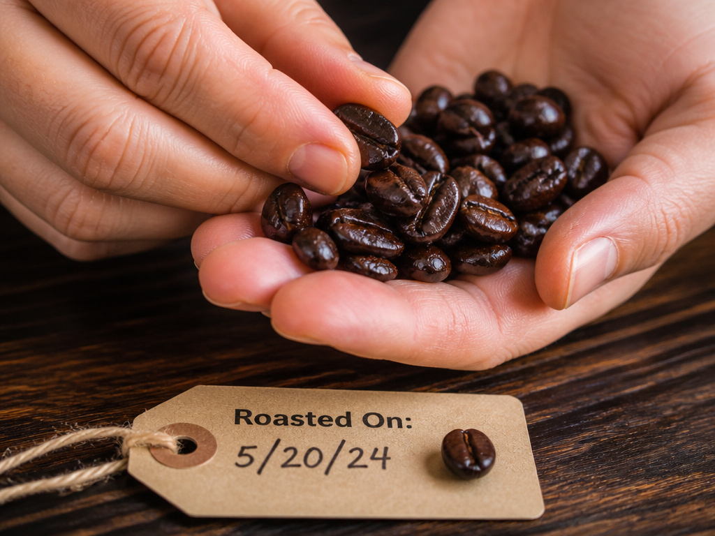 Close-up inspection of oily, dark French roast coffee beans and fresh roast date.