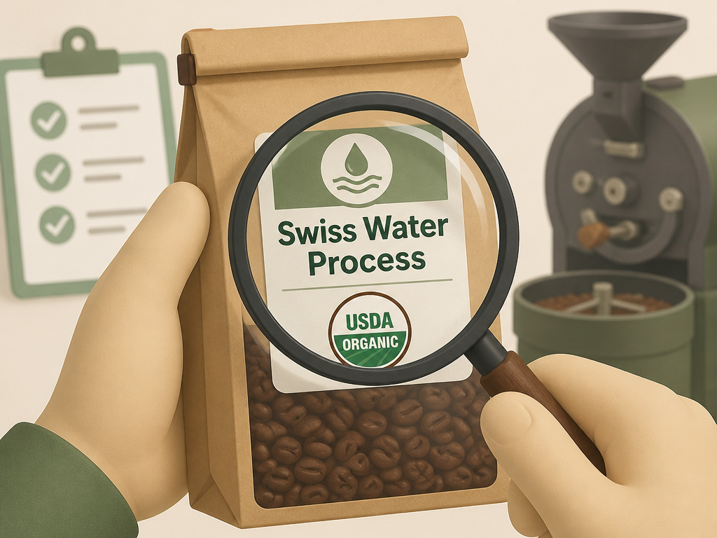 Choosing safe decaf coffee by reading labels for Swiss Water Process and organic certification.
