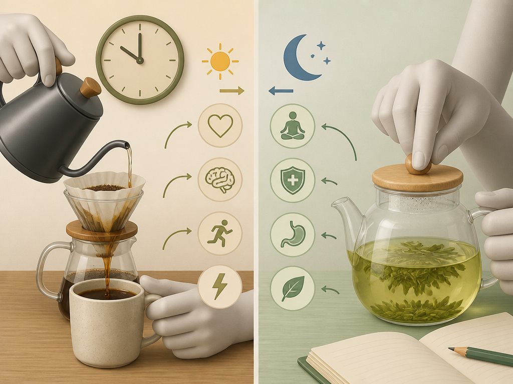 Cartoon guide comparing when to choose coffee versus tea for health benefits.