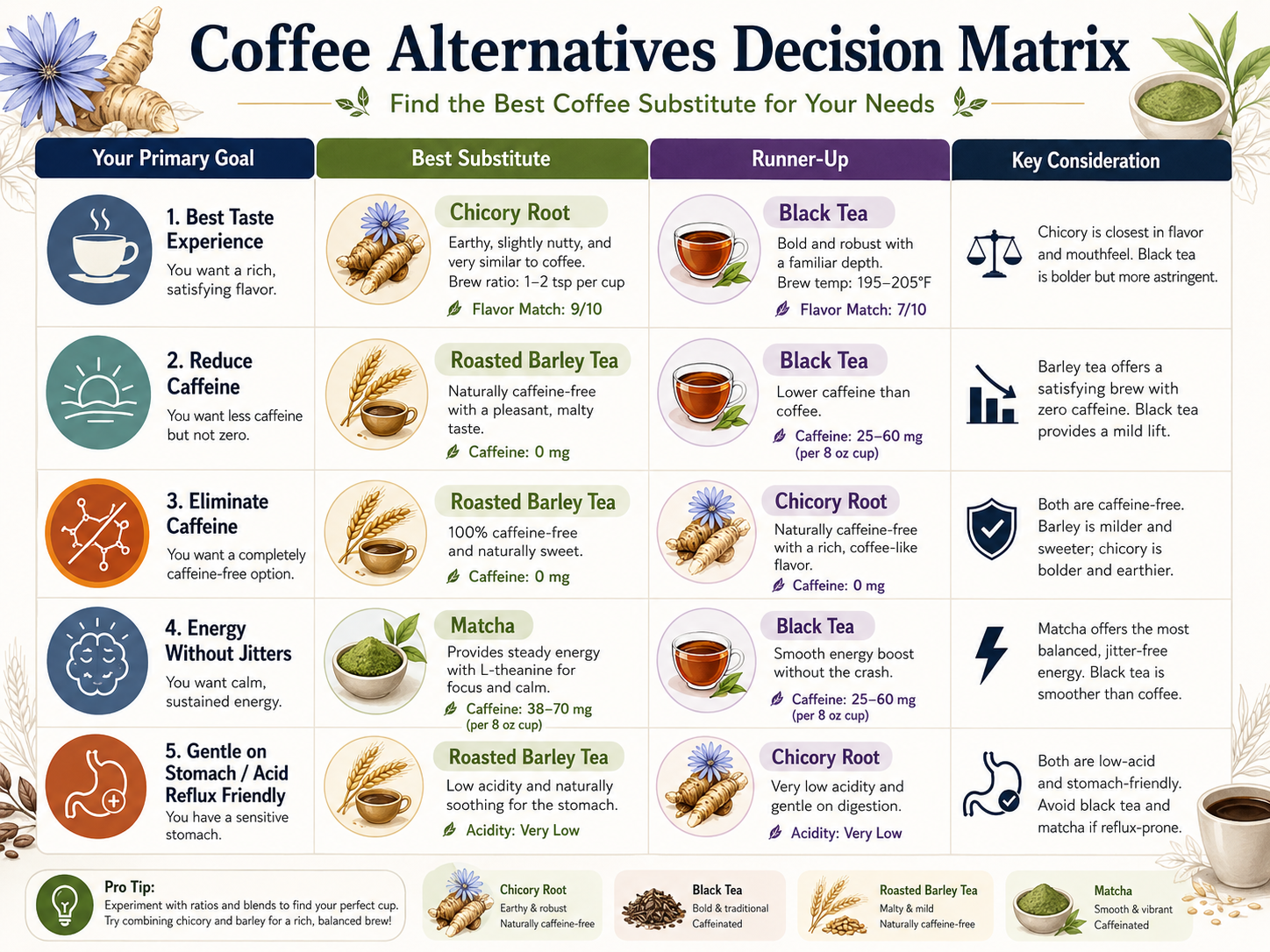 Decision matrix table for choosing a coffee substitute based on your goal.