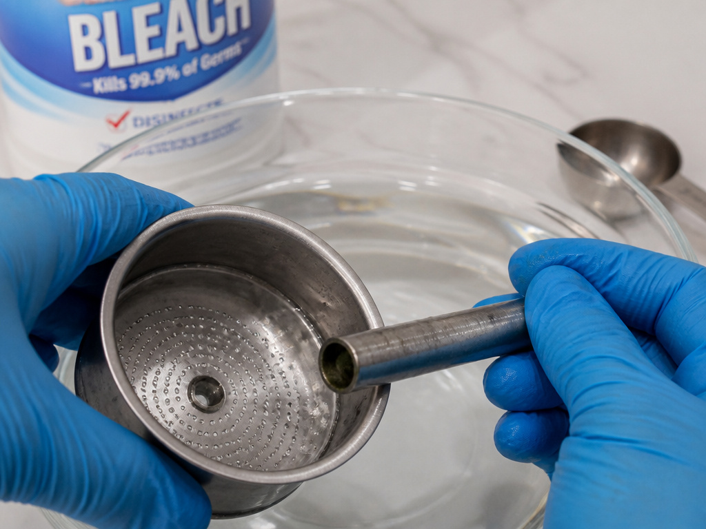 Close-up of cleaning mold from a percolator basket and tube with bleach solution.