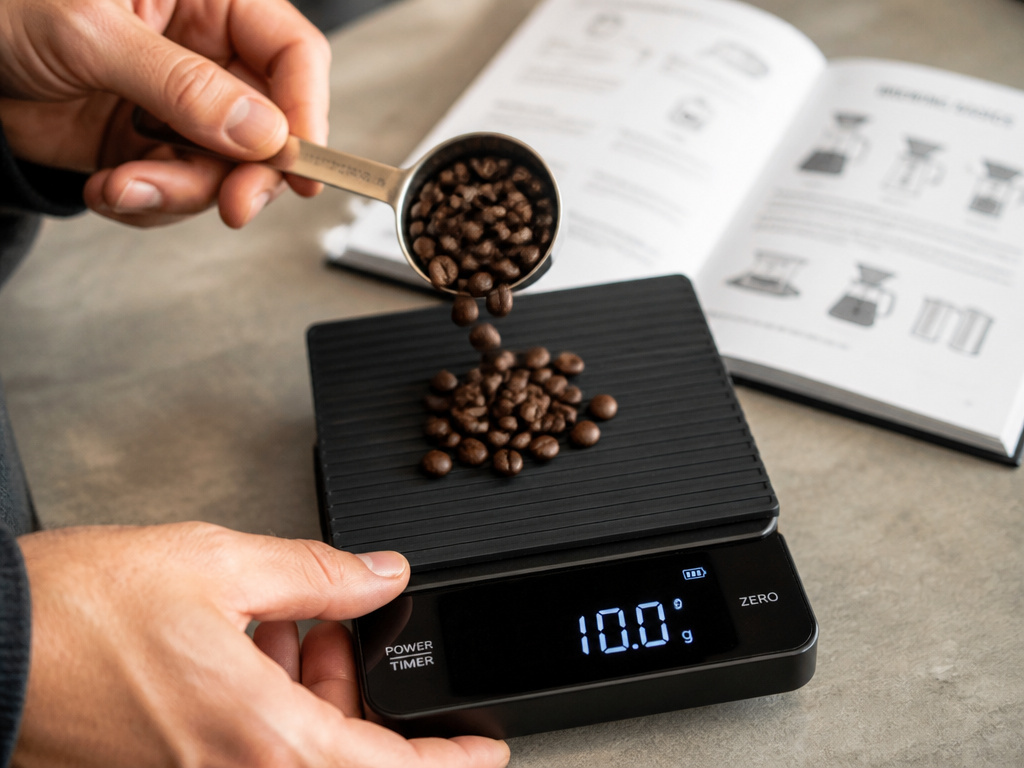 Weighing a coffee scoop on a digital scale to convert scoops to grams.