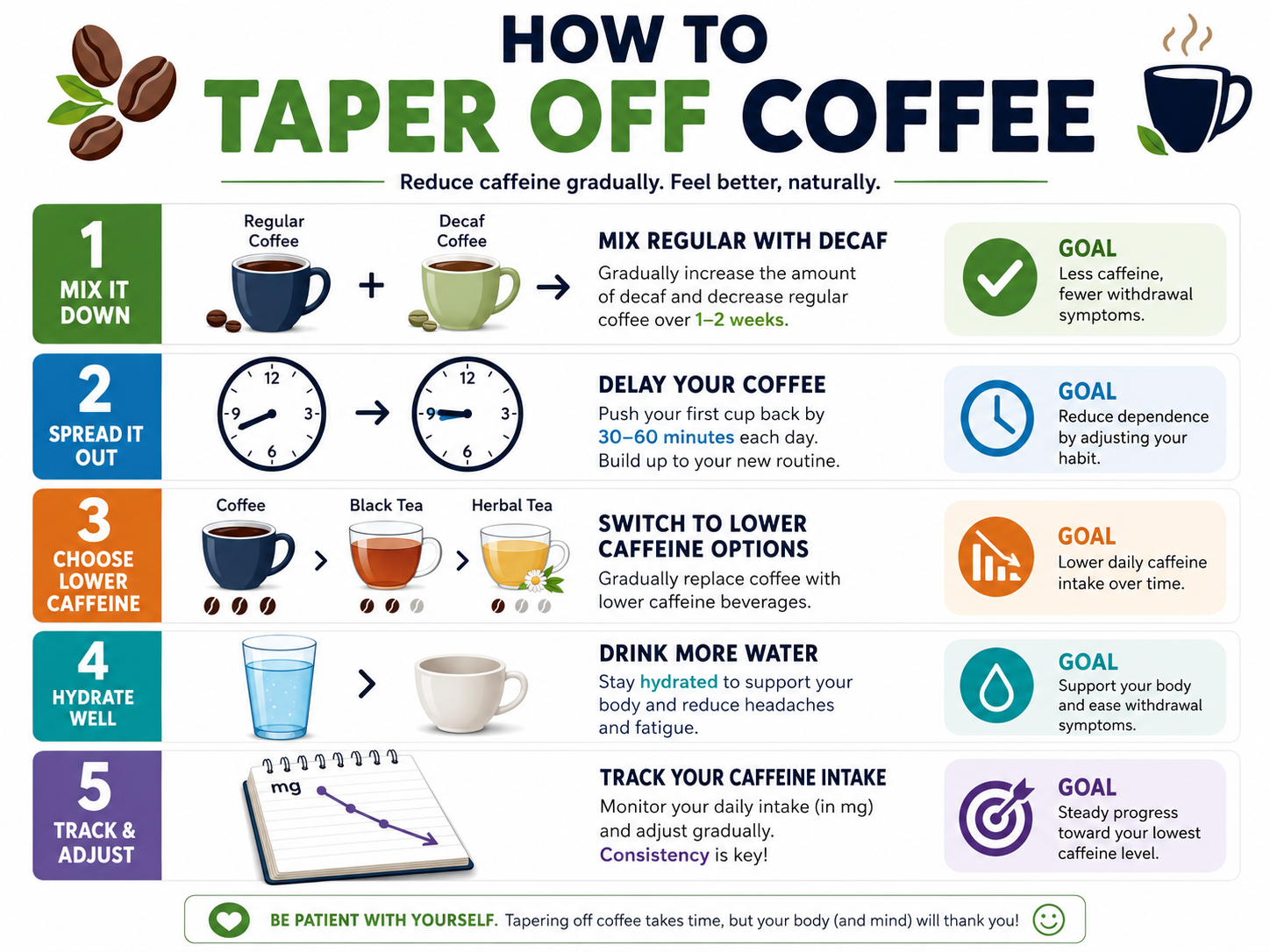 Infographic showing five methods to reduce coffee intake and avoid caffeine withdrawal.