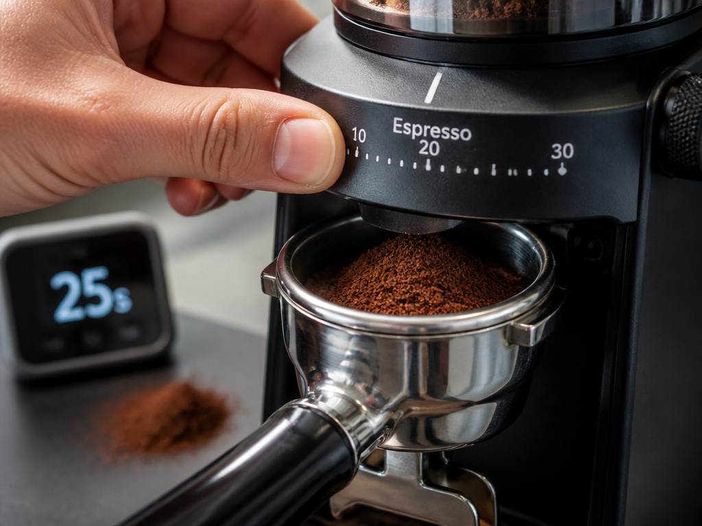 Barista hand adjusting a coffee grinder to a finer espresso setting.