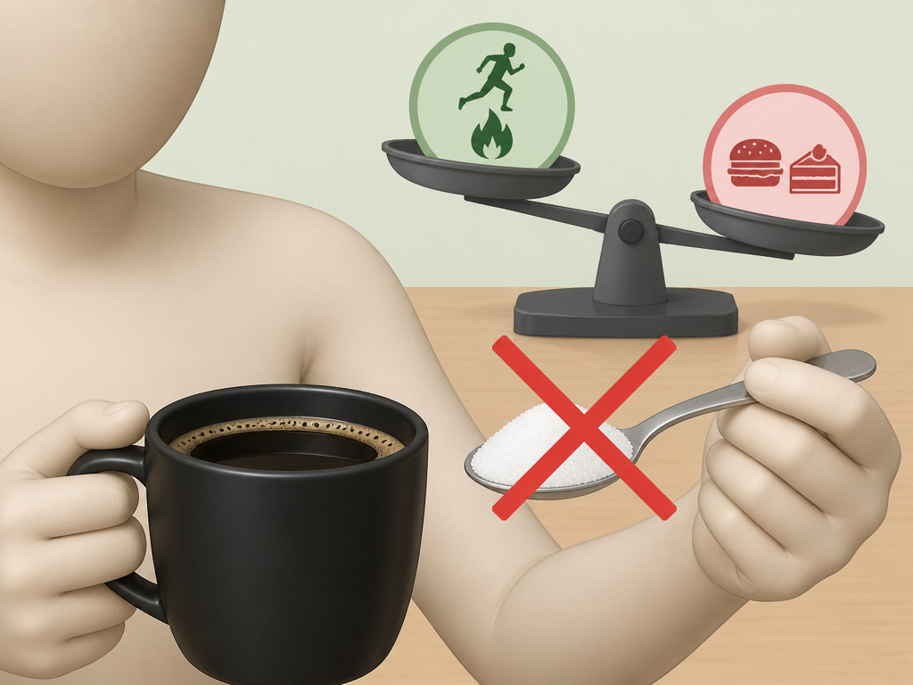 Cartoon showing black coffee for weight loss versus sugar adding calories