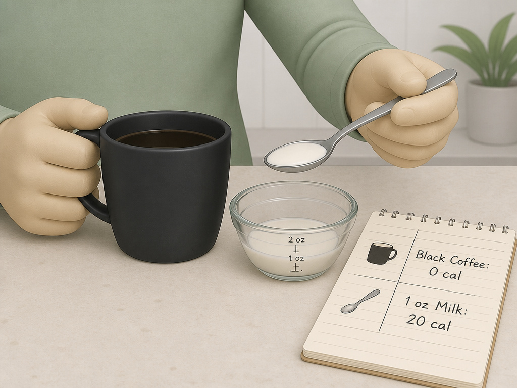 Measuring milk for coffee to manage calorie intake for weight control.