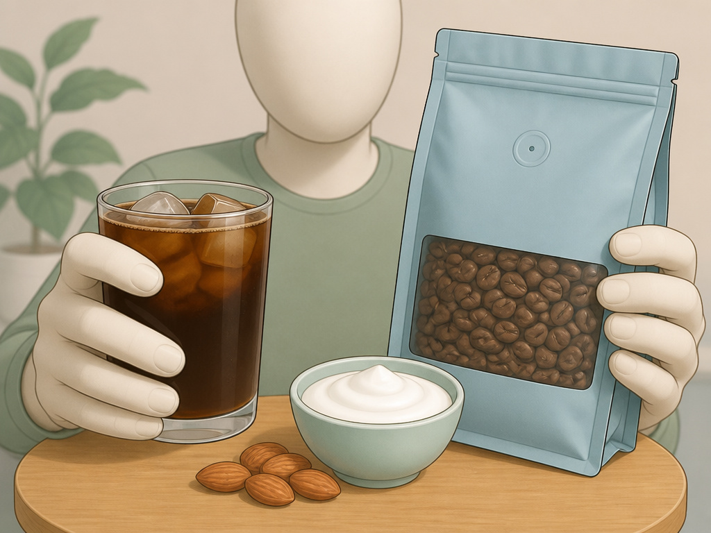 Cartoon of cold brew and decaf coffee options with a protein snack to prevent jitters.