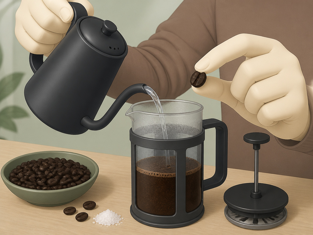 Hands grinding dark roast coffee coarse, using cooler water and salt to reduce bitterness.