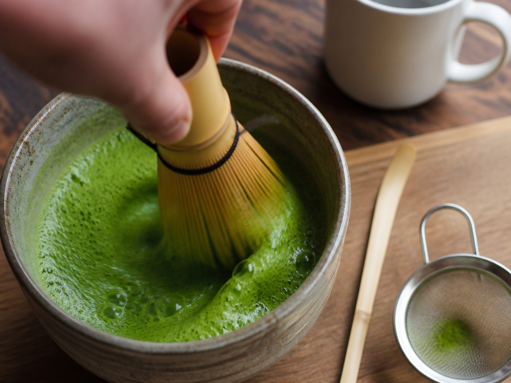 Close-up of traditional matcha preparation tools whisked in a bowl next to coffee mug.