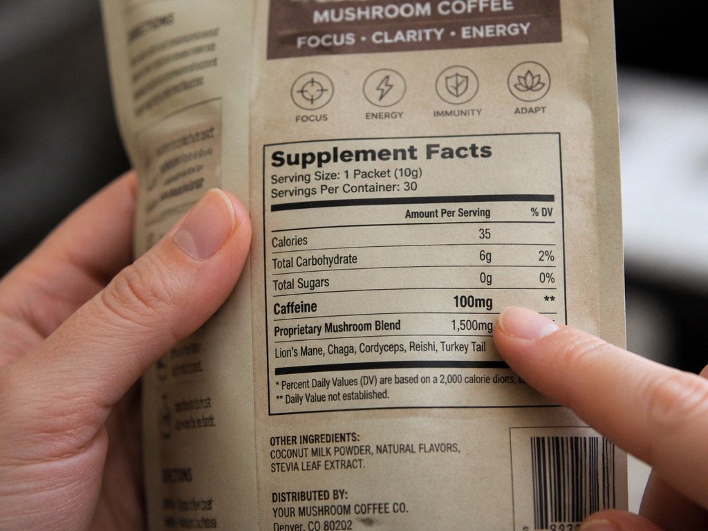 Close-up of hands checking caffeine content on a mushroom coffee supplement facts panel.