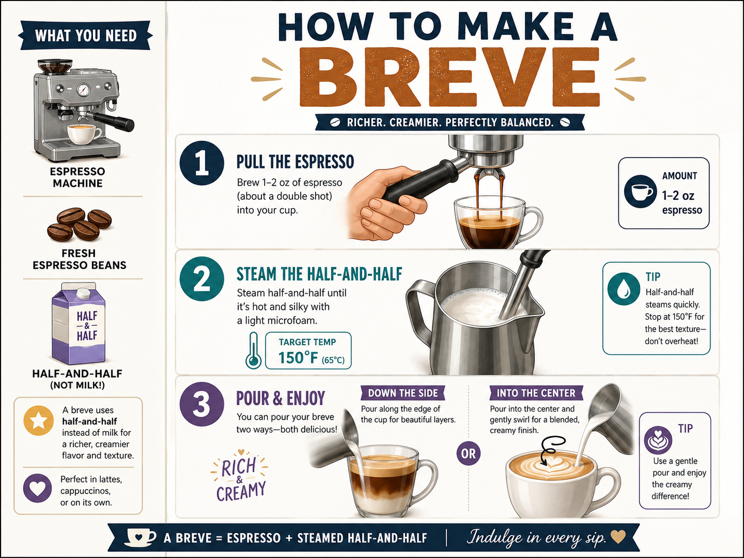 Step-by-step infographic for making a breve coffee with espresso and steamed half-and-half.