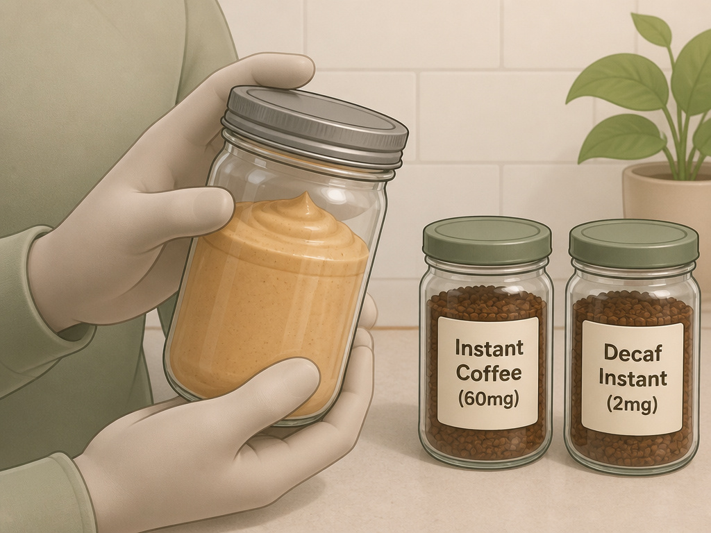 Hands preparing a low-caffeine frappe with labeled decaf and regular instant coffee options.