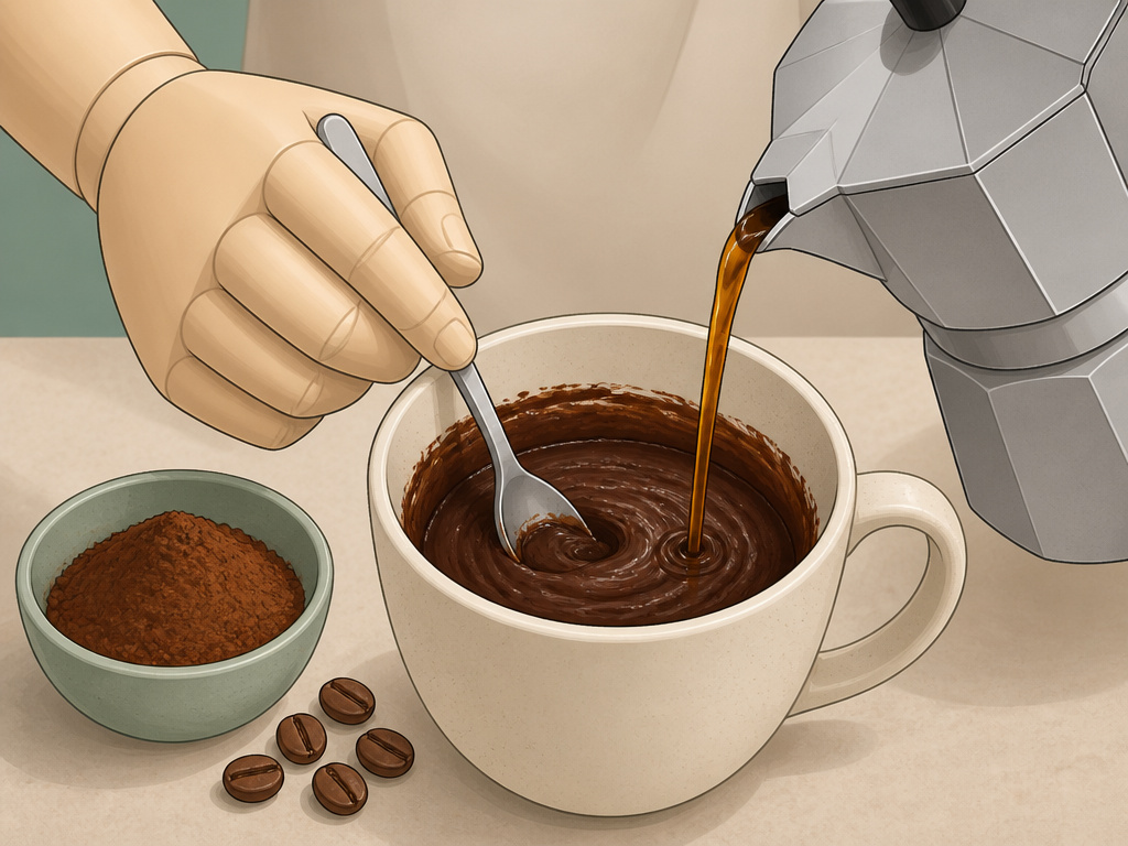 Close-up of mixing chocolate paste with espresso to make a homemade mocha.