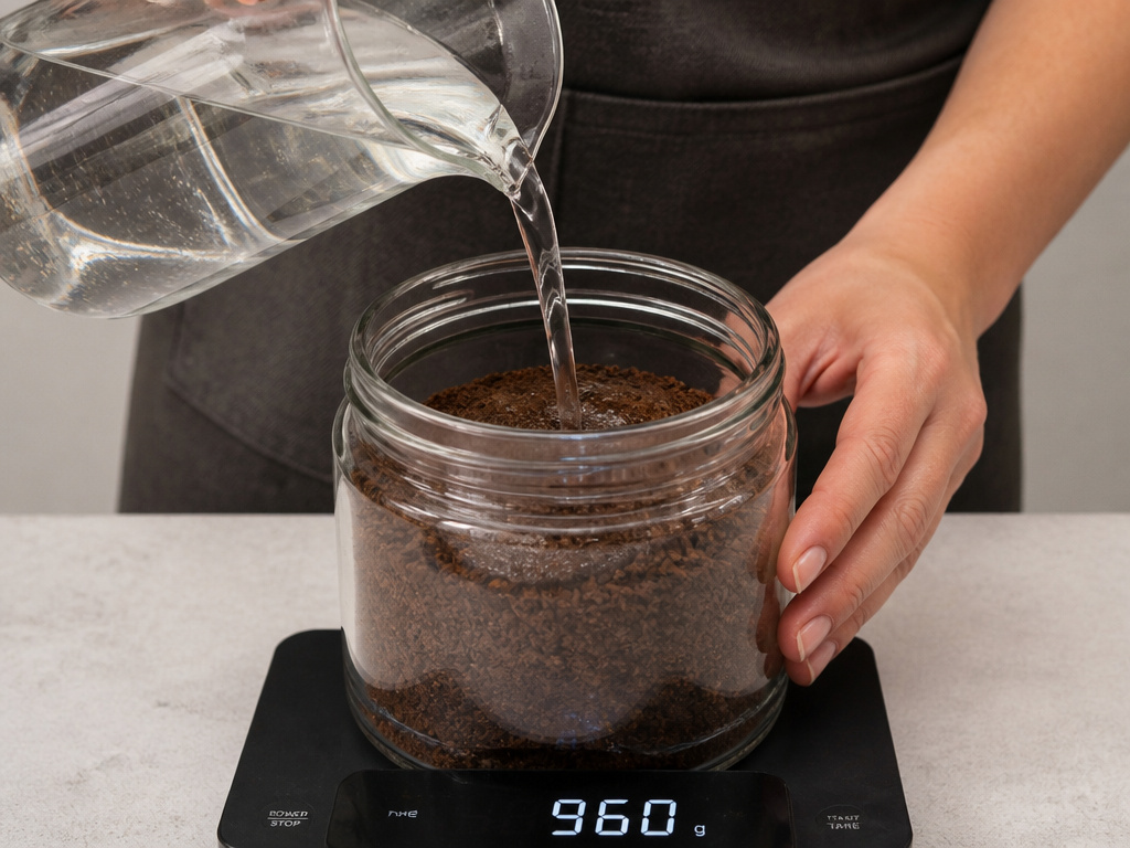 Hands pouring cold water over coffee grounds in jar for cold brew concentrate.
