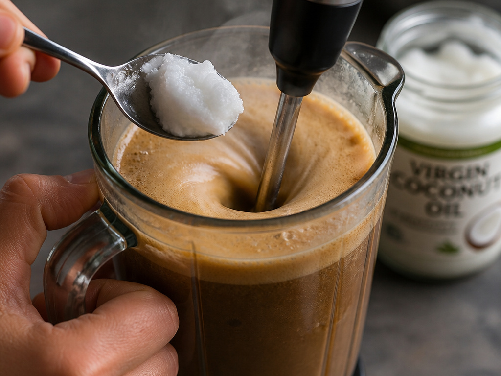 Blending coconut oil into hot coffee with a frother for proper emulsification.
