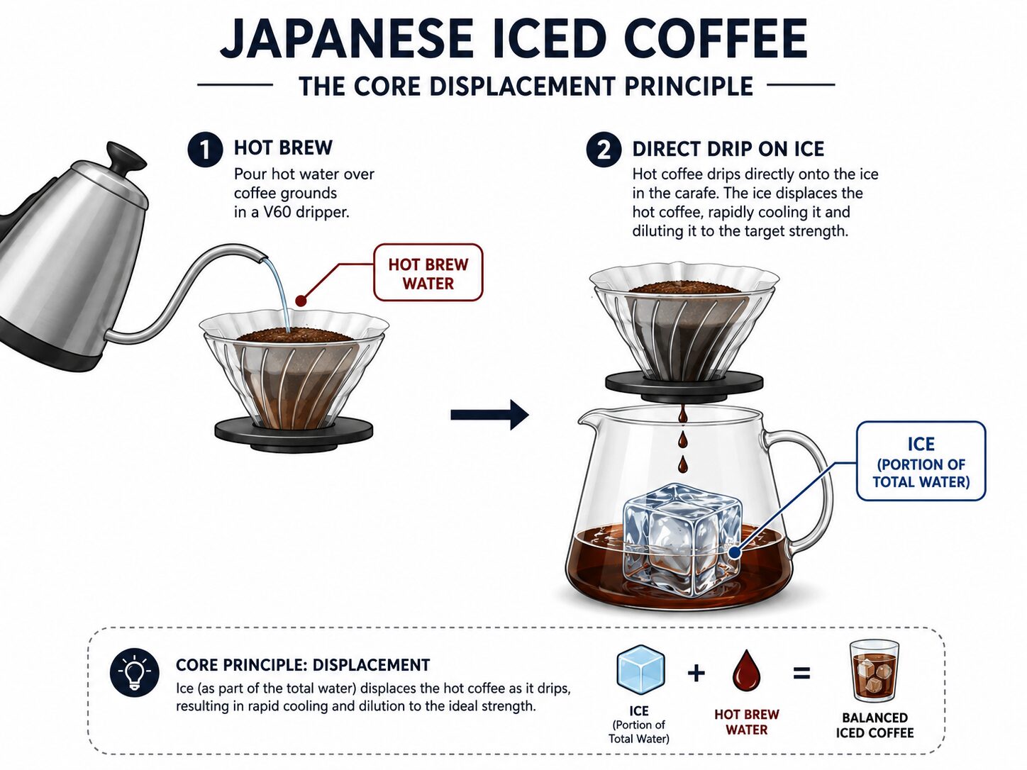 Diagram of Japanese iced coffee method using hot pour-over onto ice.