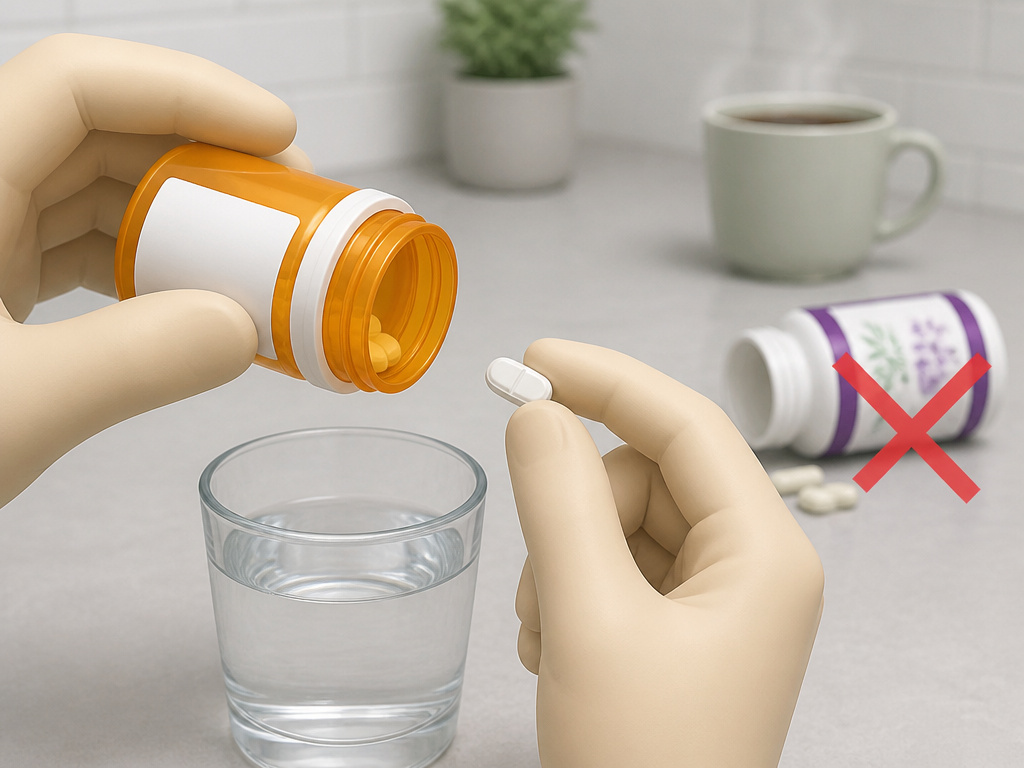 Hand taking medication with water while pausing supplements and coffee for a fasting blood test.