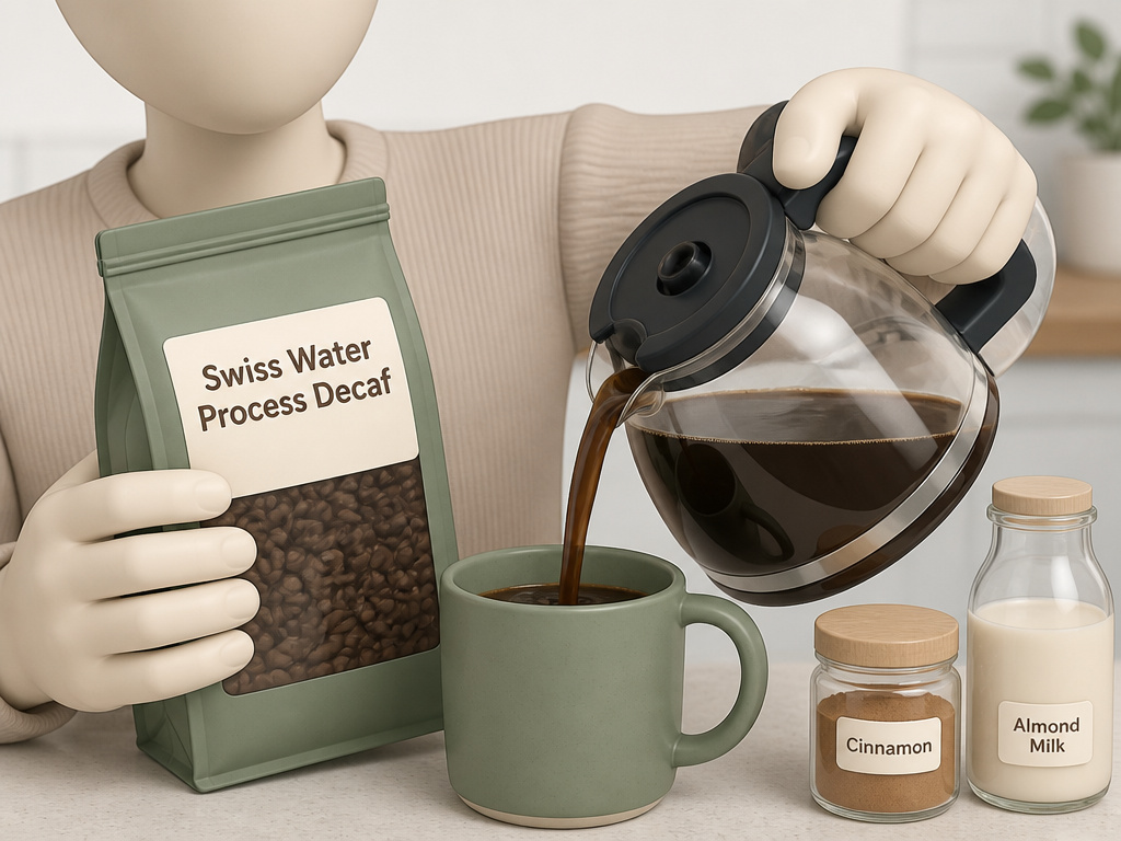 Hands choosing water-processed decaf beans and pouring black coffee for health benefits.